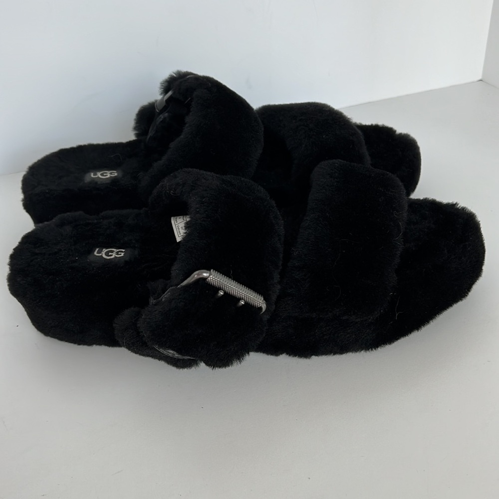 UGG Fuzz Yeah Black Furry Fur Slide Sandal - Picture 6 of 10